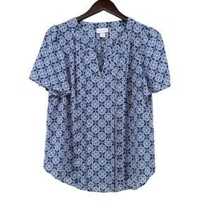 Liz Claiborne Blue White Geometric Floral Split Neck Blouse Womens Medium M